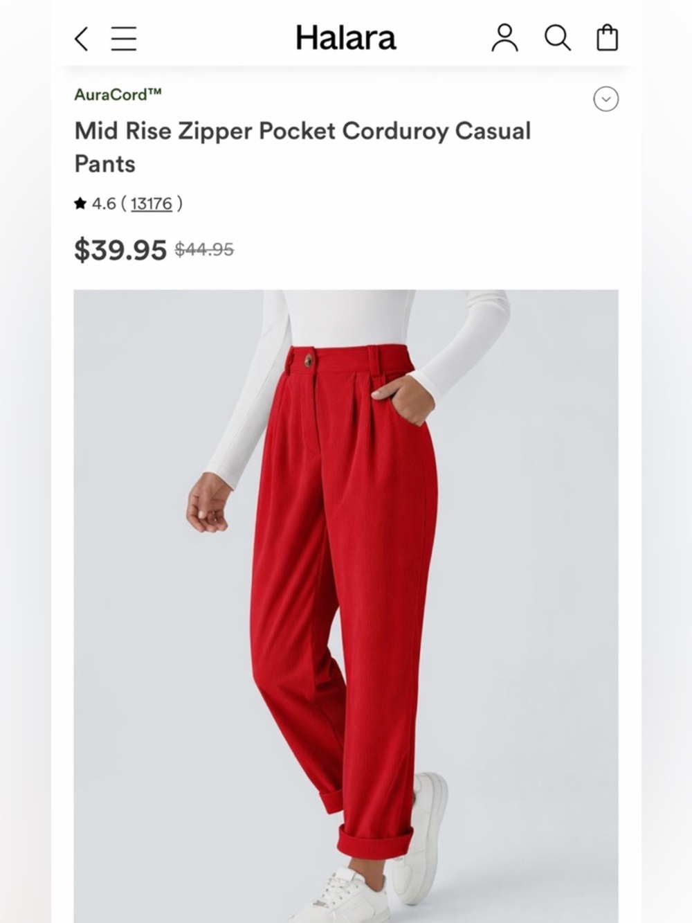 HALARA Pants Red Corduroy Mid-Rise Zipper Pocket MSRP $45